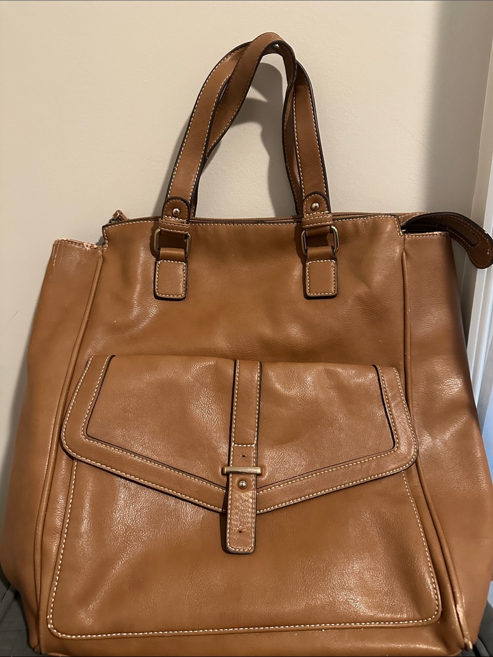 Classic Tan Leather Tote Bag - Unbranded size 12x 14in